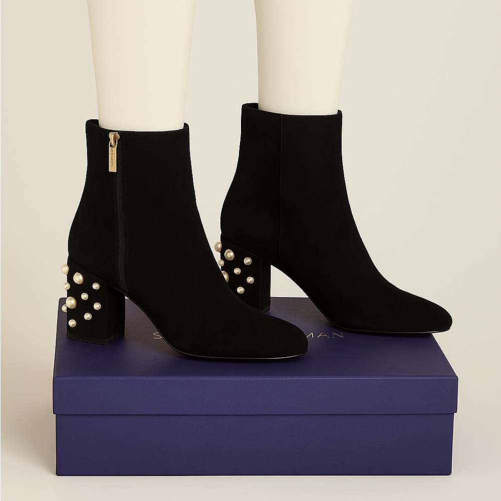 Stuart Weitzman Black Ankle Boots with Pearl Embellishments